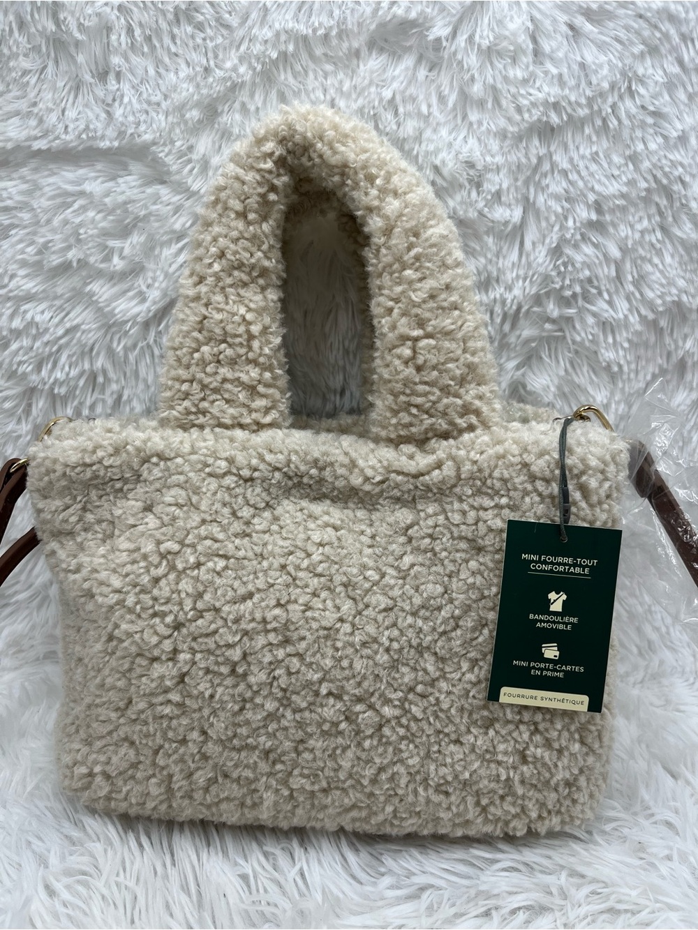 ASPEN Mini Tote Crossbody Bag Cream Faux Shearling Teddy NWT